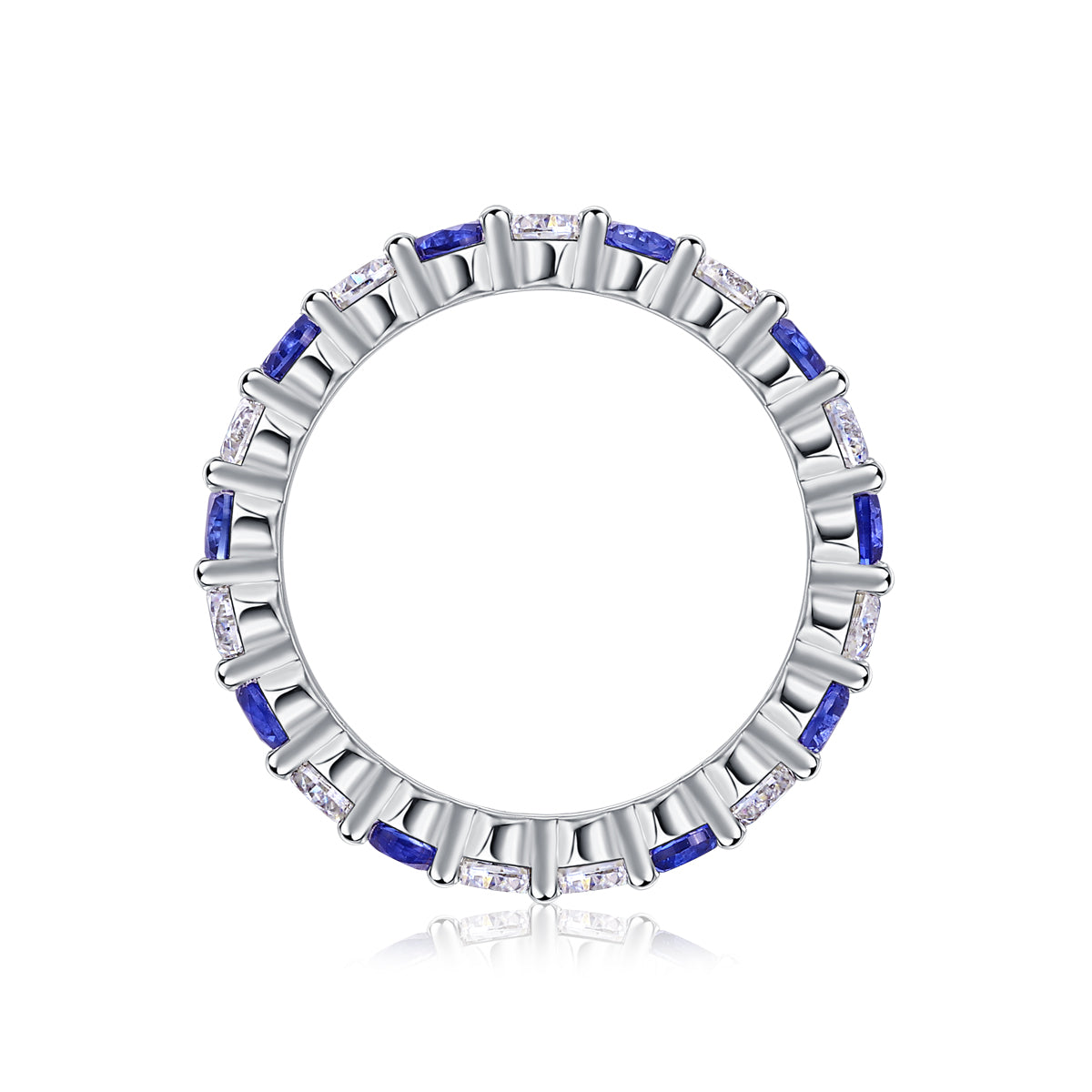 2.4g S925 Sterling Silver Platinum Plated Eternity Ring  Synthetic Blue Sapphire & White Stone Alternating Band, Dainty Hollow Promise Ring For Women, Jewelry Gift Box Set