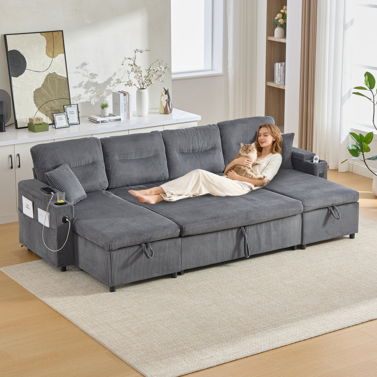 Modern 4-person Velvet Sofa With Double-sided Chaise Lengths, Integrated Storage, Beverage Holders, USB Ports And Pull-out Sleeping Function - Stylish For Any Living Room. Coal Black