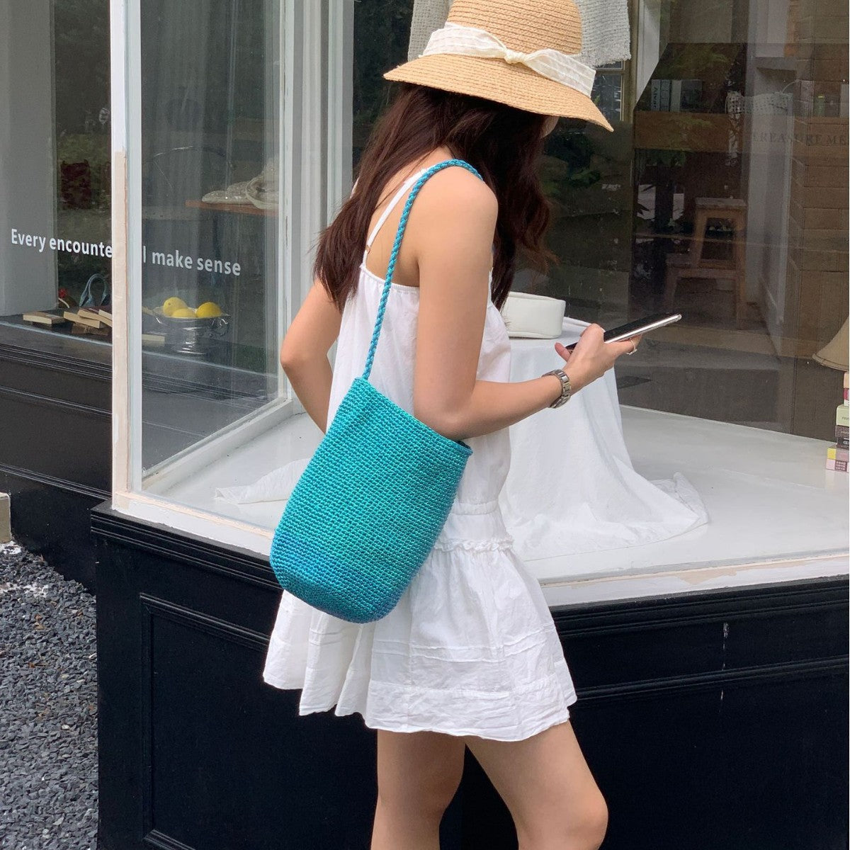 Korean-style Red Handmade Woven Bucket Bag For Women