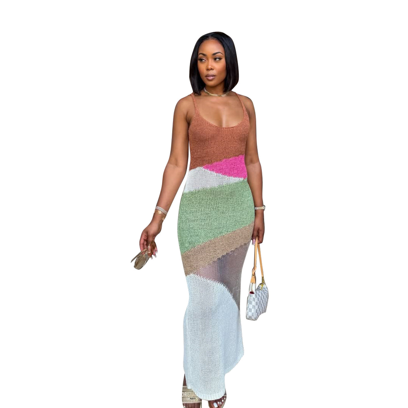 Womens Fashion Casual Color-block Knit Dress