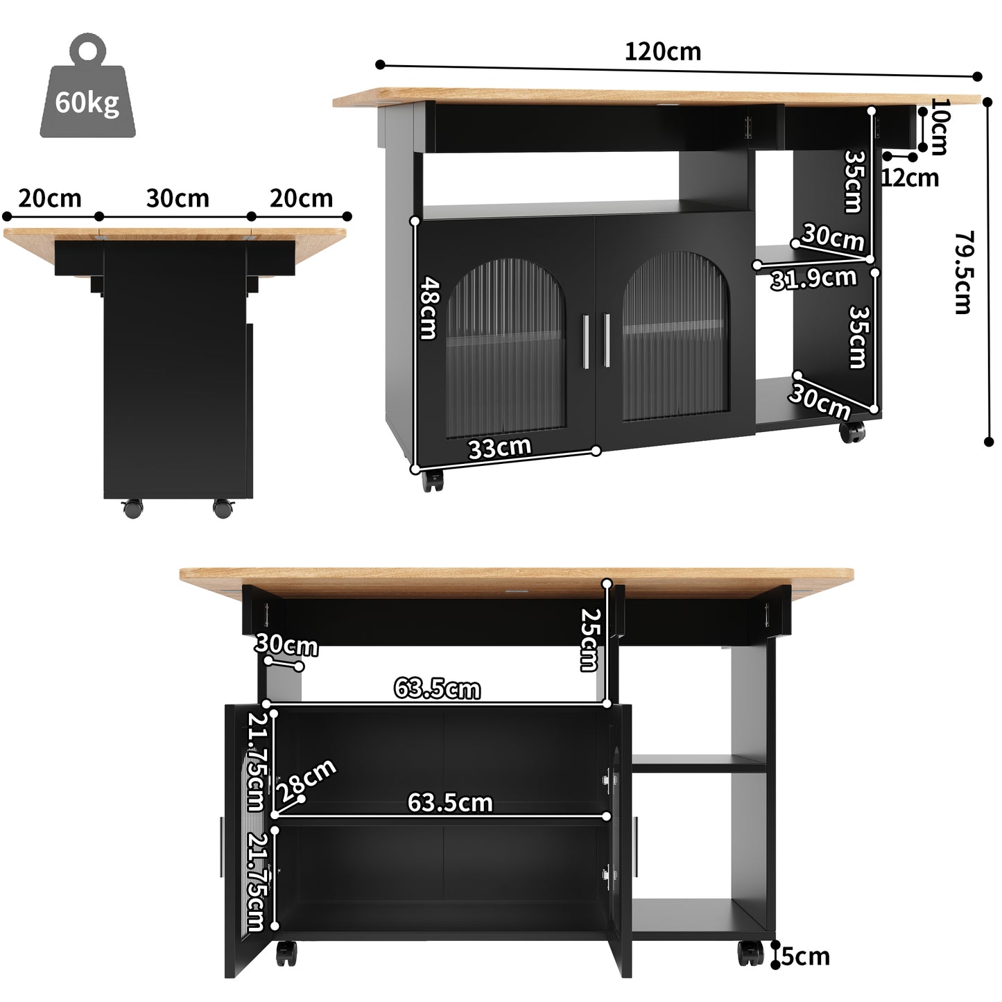 Kitchen Island,Modern Kitchen Siland, Kitchen Cabinet, Removable Serving Trolley Buffet Cabinet, Dining Trolley With Wood Grain, Buffet Cabinet, Multifunctional Dining Table With Storage Space, Black