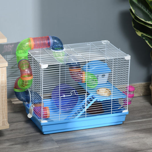 2-Level Hamster Cage Rodent Gerbil House Mouse Mice Rat Habitat Metal Wire with Exercise Wheel, Play Tubes, Water Bottle, Food Dishes, & Interior Ladder