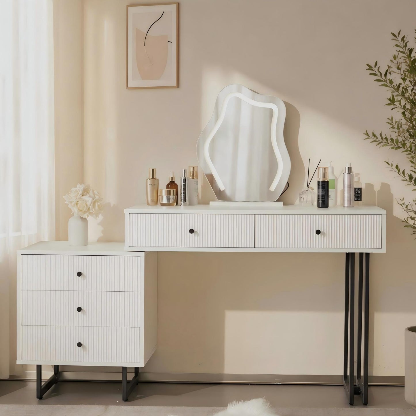 Dressing Table, Cosmetic Table Set With Mirror And Lighting, Extendable Table Top, 3-Colour LED Lighting, Dimensions W100 H76 D40 Cm  Without Stool Old N657P19282830W