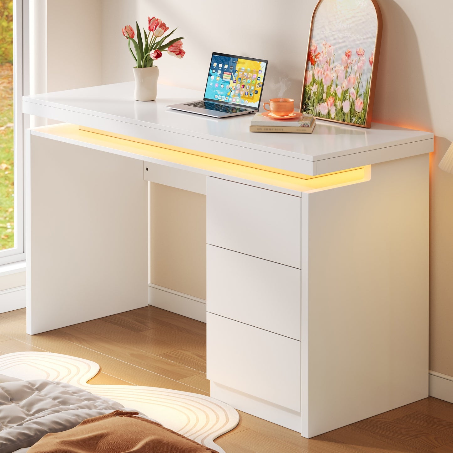 Modern LED Desk 120x50x78.5 Cm  Computer Desk With Three Drawers, Extended And Widened Work Surface, Reinforced Legs, Adjustable LED Lighting, Suitable For Home Office