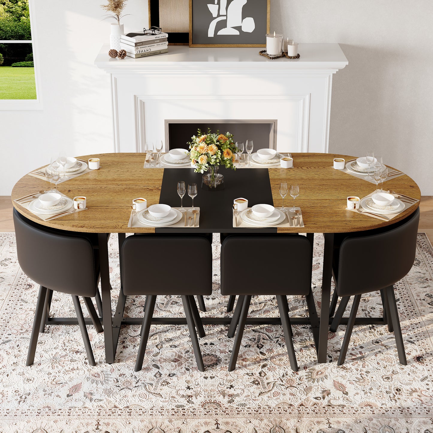 9-Piece Oval Dining Table Set, Fixed Two-Tone Wood Grain & Black Wood Grain Triamine Tabletop With 8 Black PU Leather Chairs, Modern Kitchen Table Set For 8 People, Ideal For Family Gatherings