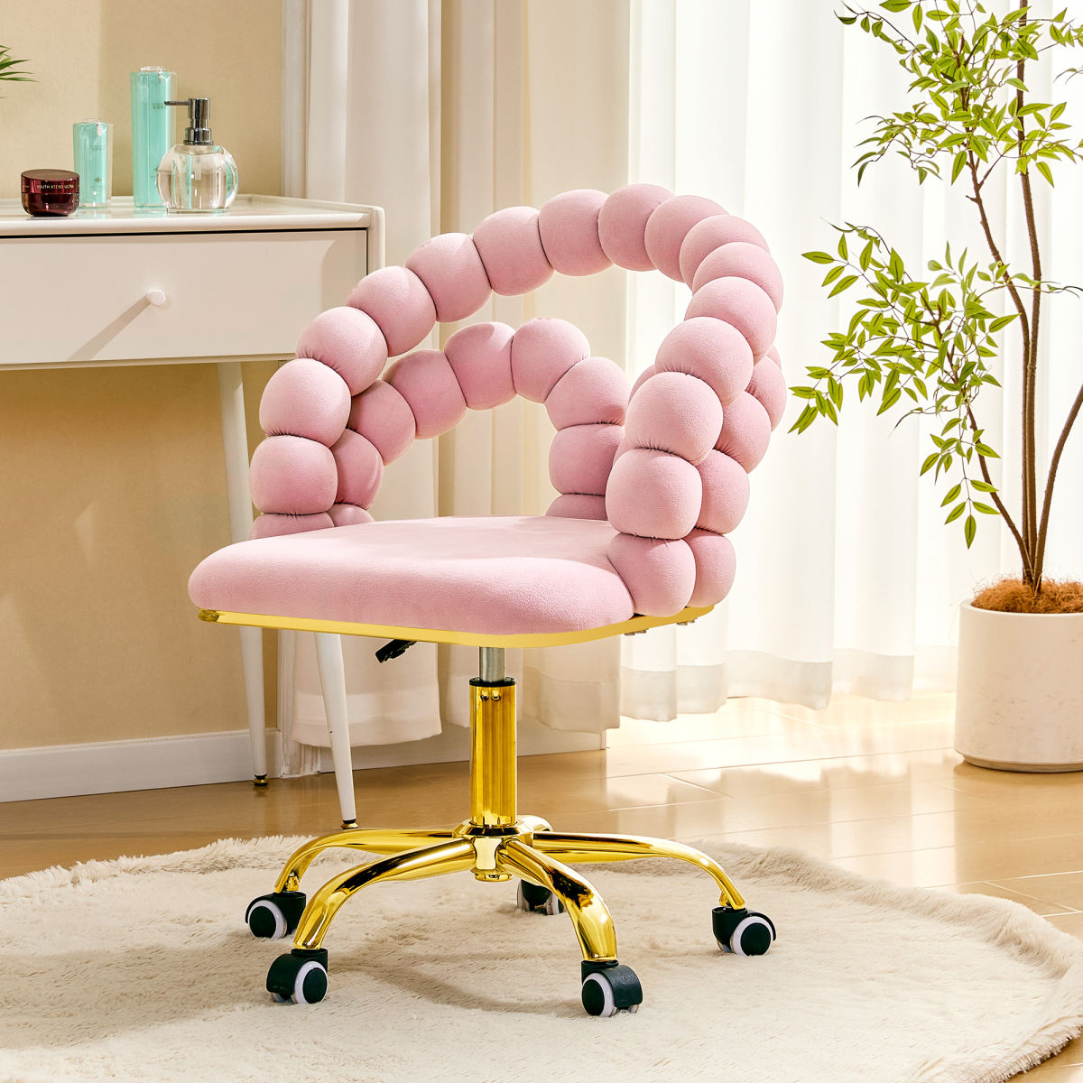 Velvet Bubble Vanity Chair With Gold Base, 360 Swivel Height Adjustable Ergonomic Accent Chair, Cute Rolling Desk Chair For Bedroom, Makeup Vanity, Home Office