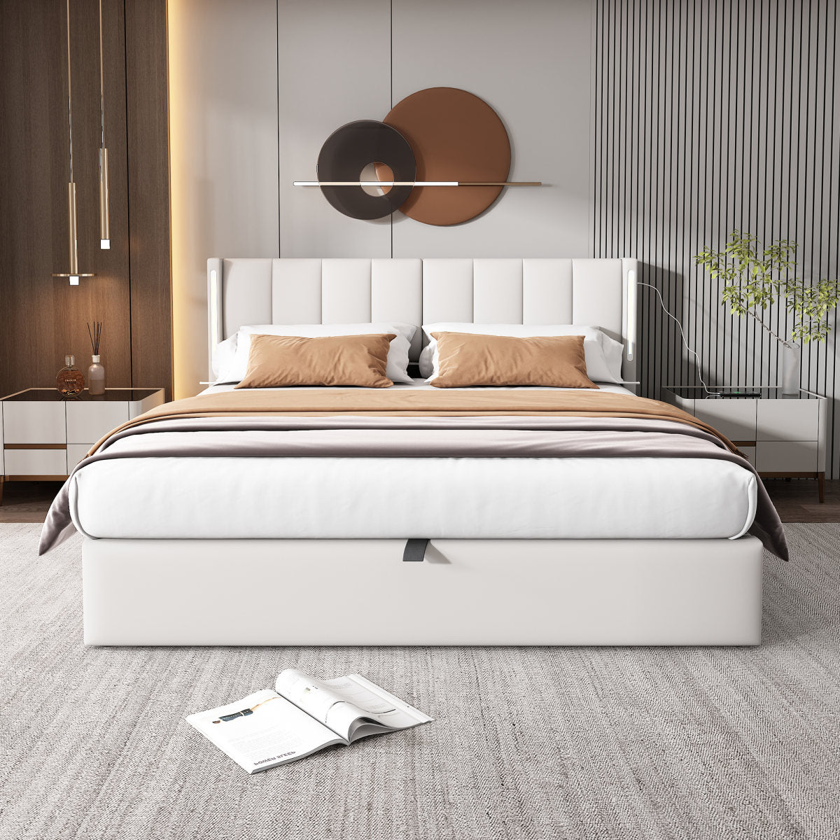 Binaural LED Upholstered Bed 180 X 200 Cm, Hydraulic Bed, Rechargeable USB Port In Bed, With LED Lighting, With Storage, Adjustable Headboard, PU Pebble, White