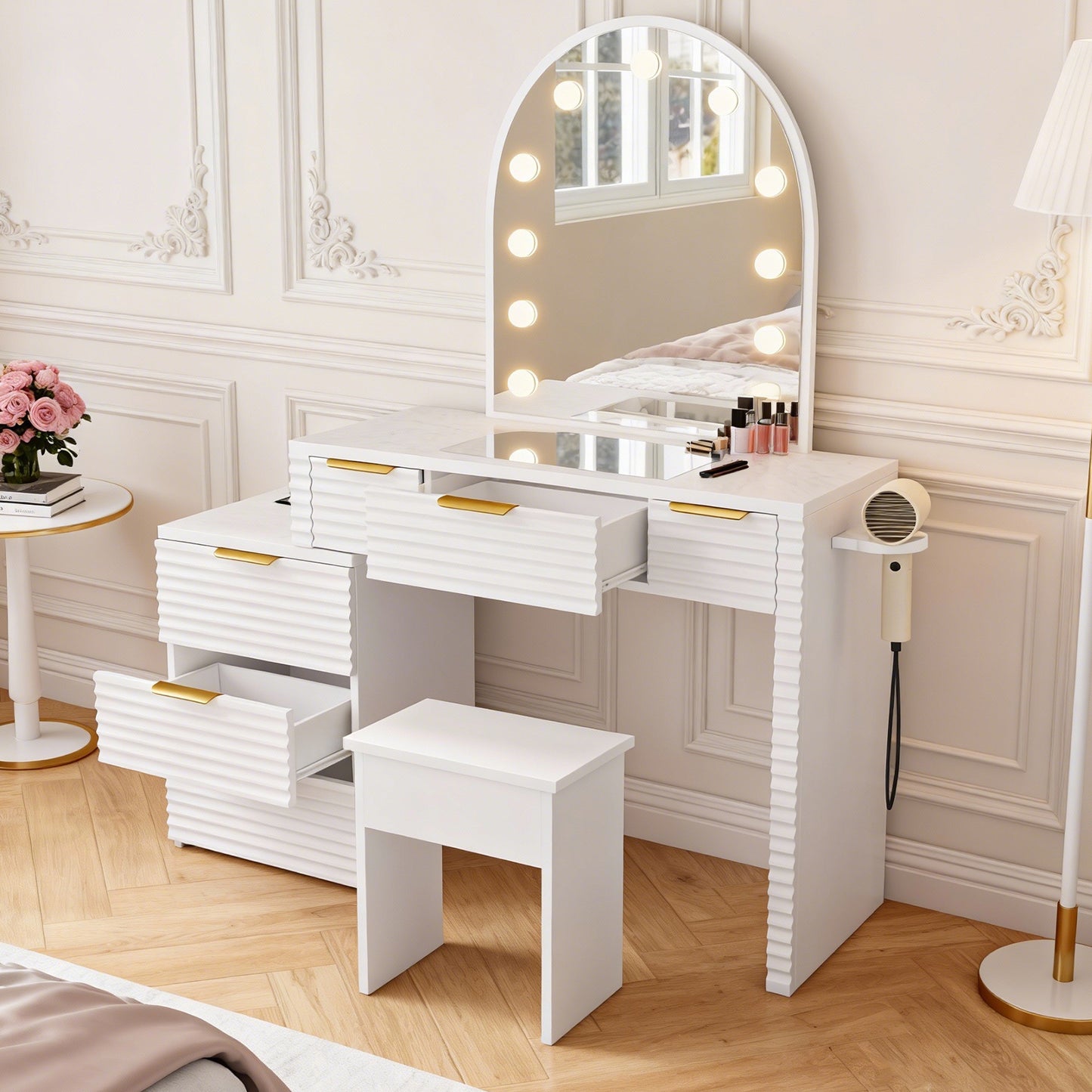 Makeup Vanity Desk With Mirror Lights Glass Tabletop 3 Lighting Modes Adjustable Vanity Table Modern Makeup Desk With Chair Power Outlet And 6 Drawers For Bedroom