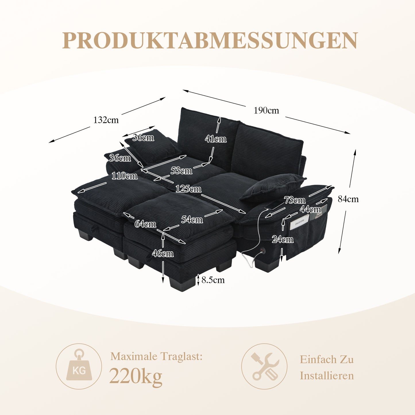 Modular 2-seater Corduroy Sofa  With 2 Stools Wide Seat, Ergonomic Design, High-density Foam Padding, USB-C Port And Side Pockets. Ideal For The Living Room, Office Or Lounge.Black