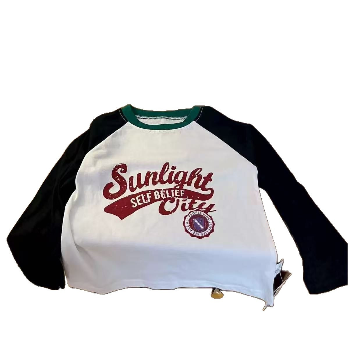 Girls' Cotton Top, Korean-Style Color-Block Raglan Long-Sleeve T-Shirt
