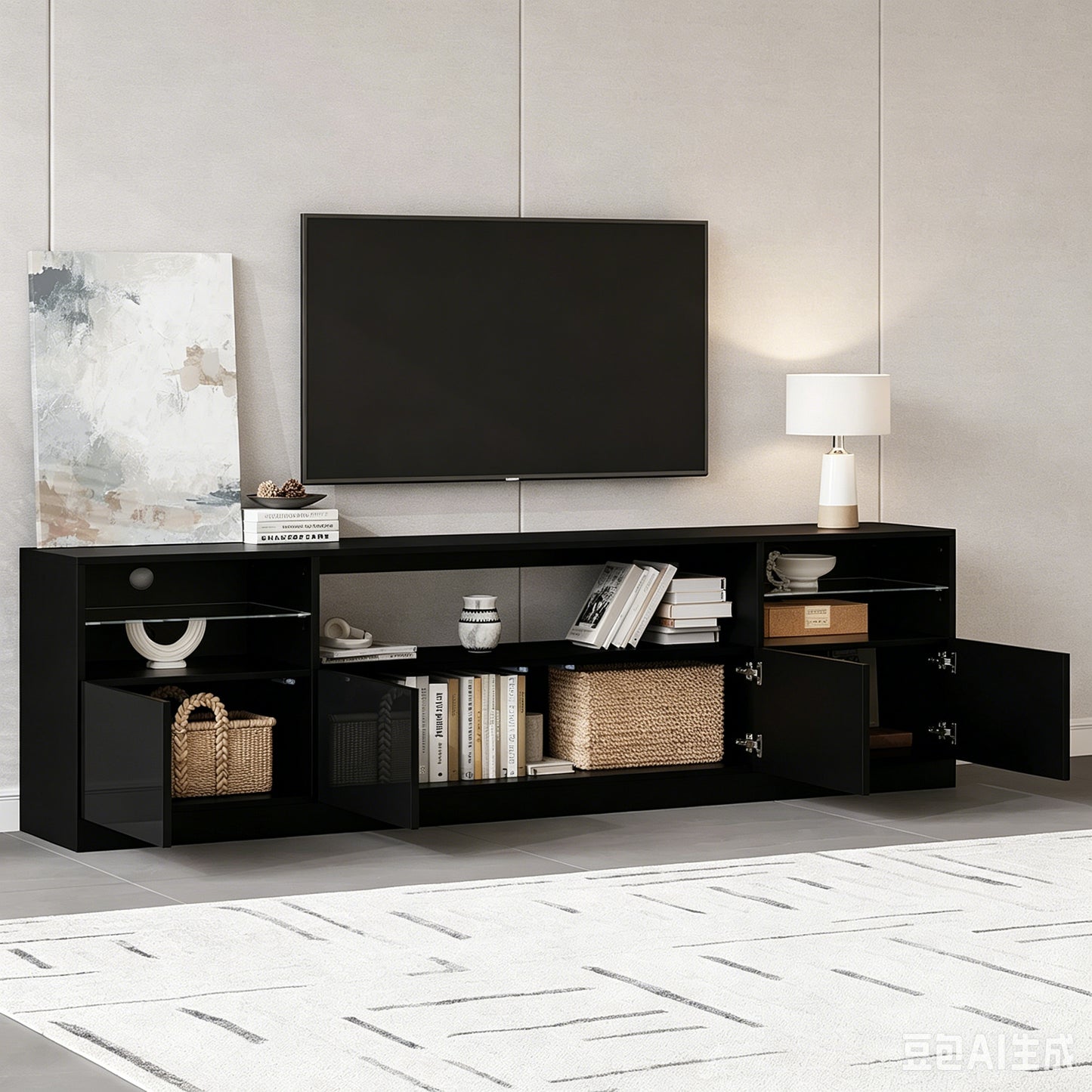 TV Cabinet With LED Lighting, Open Cabinet, 4 Hinged Doors, 8 Storage Spaces, Black High-gloss Cabinet, TV Stand For TVs Up To 75 Inches, TV Lowboard For Living Room, Dining Room, 180 X 35 X 60 Cm