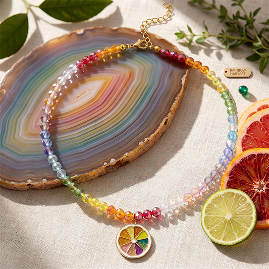 Rainbow Glass Bead Fruit Choker Necklace For Women, Stainless Steel Chain With Cute Citrus Lemon Slice Pendant, Colorful Summer Jewelry Gift