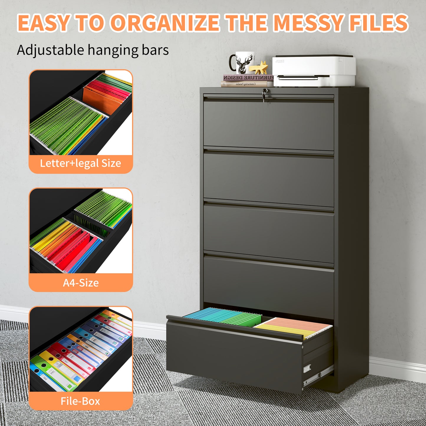 5 Drawer Metal Lateral File Cabinet , Black Filing Cabinet With Lock, Lockable File Cabinet For Home Office, Locking Metal File Cabinet For Legal Letter A4 F4 Size