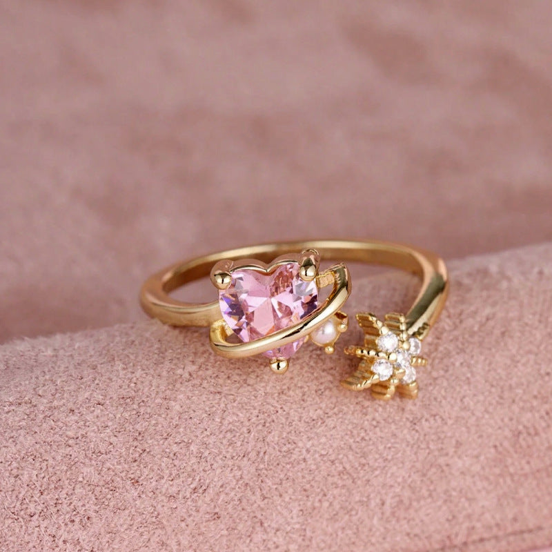 Sweet Heart Pearl Ring For Women, Ins Stylish Luxury Ring, Sparkling Elegant Gentle Fashion Band