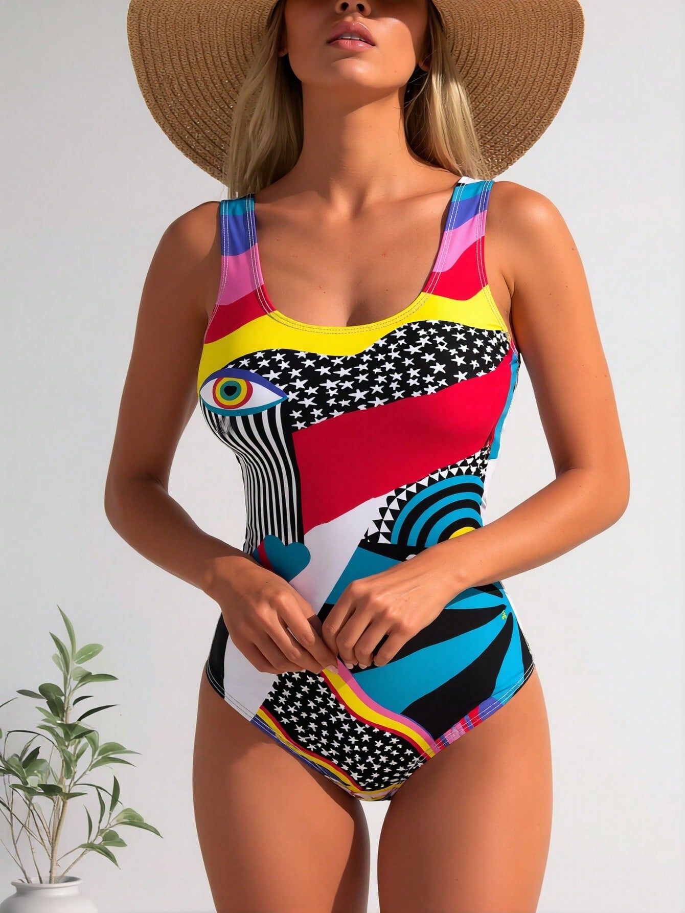 2026 New Bold Abstract Artistic Print Swimsuit, Evil Eye & Star Pattern Slimming One Piece Swimwear