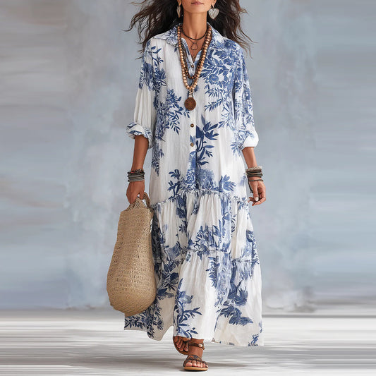 New Womens Casual Long-sleeve Lapel Dress