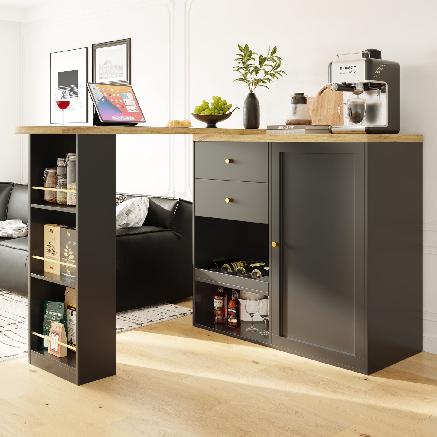 Swivel Bar Table  Main Body 105 X 39 X 102 Cm , With 2 Drawers And Sliding Door Cabinet, 3 Levels Of Open Storage, Suitable For Dining Room Study Living Room, Etc