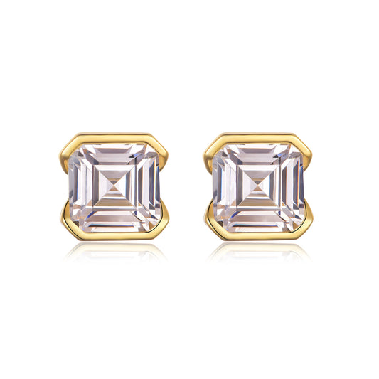 S925 Sterling Silver Asscher Cut Stud Earrings, 6x6mm D-VVS1 Moissanite Half-Bezel Setting, Platinum Plated 2g Women's Jewelry Gift Box