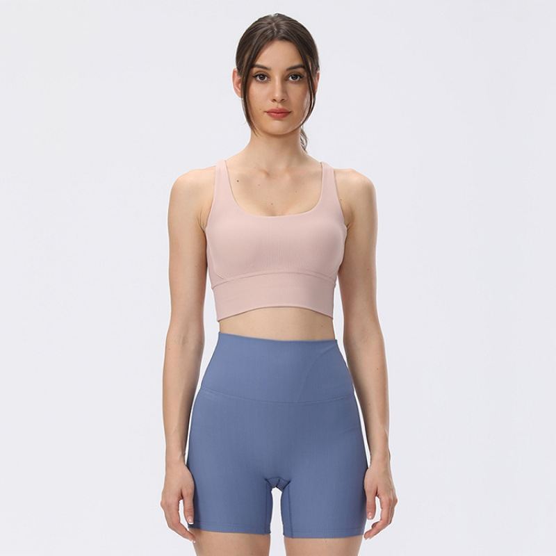 Rib Nude Feel Yoga Bra Sports Underwear Cross Beauty Back Thread Sports Bra For Women