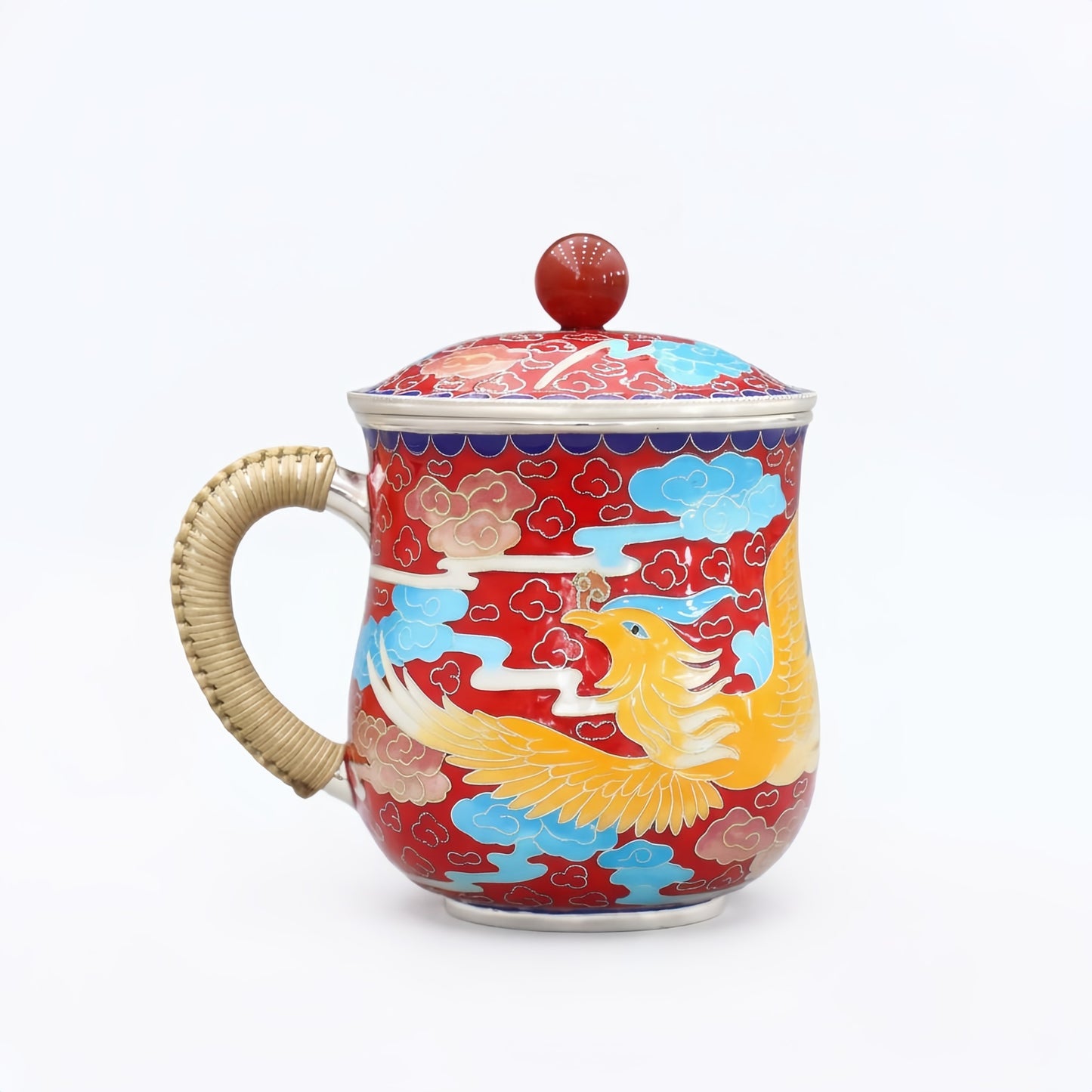 Pure 999 Fine Silver Red Cloisonné Phoenix Enamel Tea Mug with Woven Handle - Handicraft