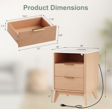 A Carved Bedside Cabinet With Charging Port, A Double-drawer Open Shelf Bedside Cabinet With Marble Countertop