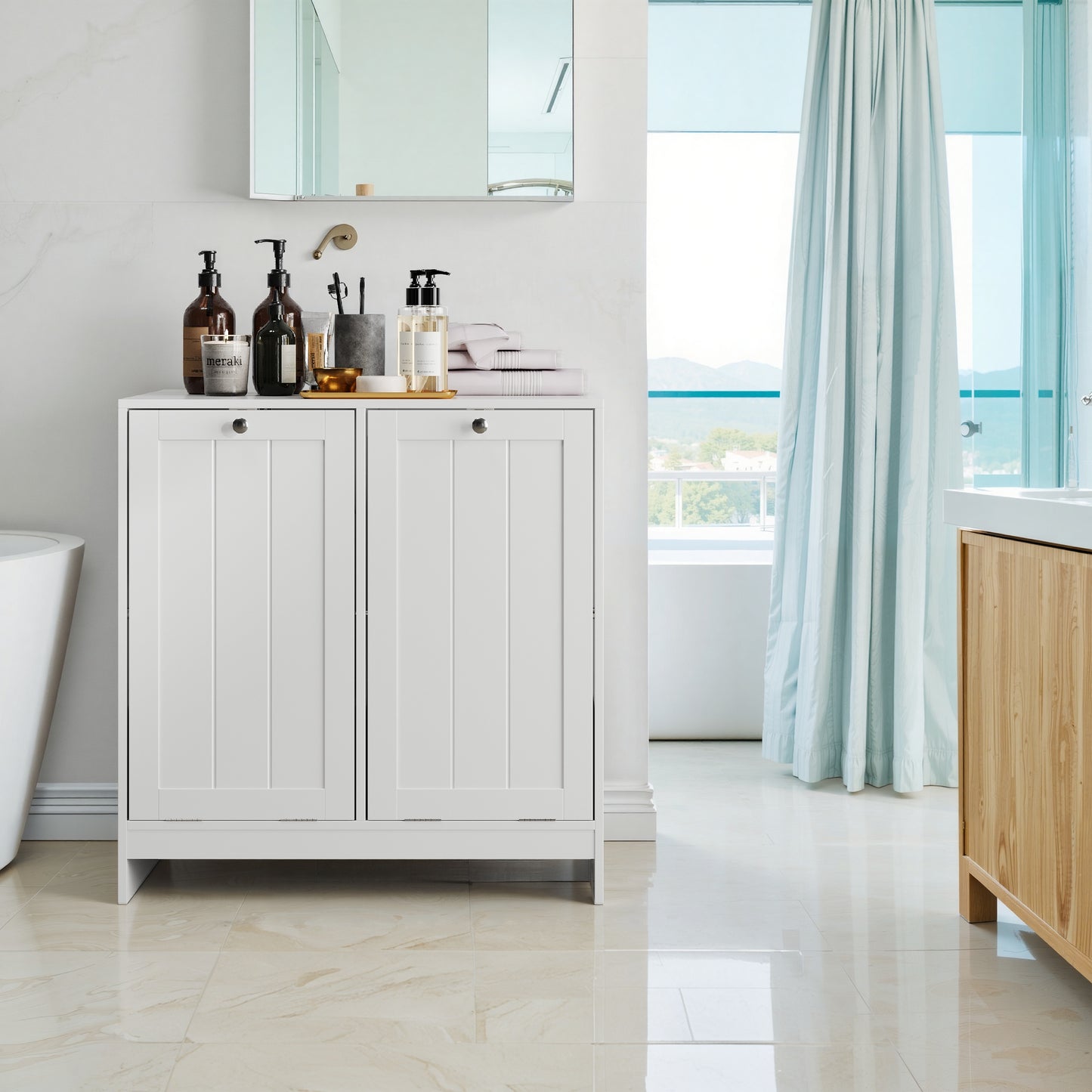 Tilting Laundry Basket With Removable Basket, Hidden Laundry Basket, Bathroom Laundry Basket Storage Cabinet, Freestanding Home Organizer, White