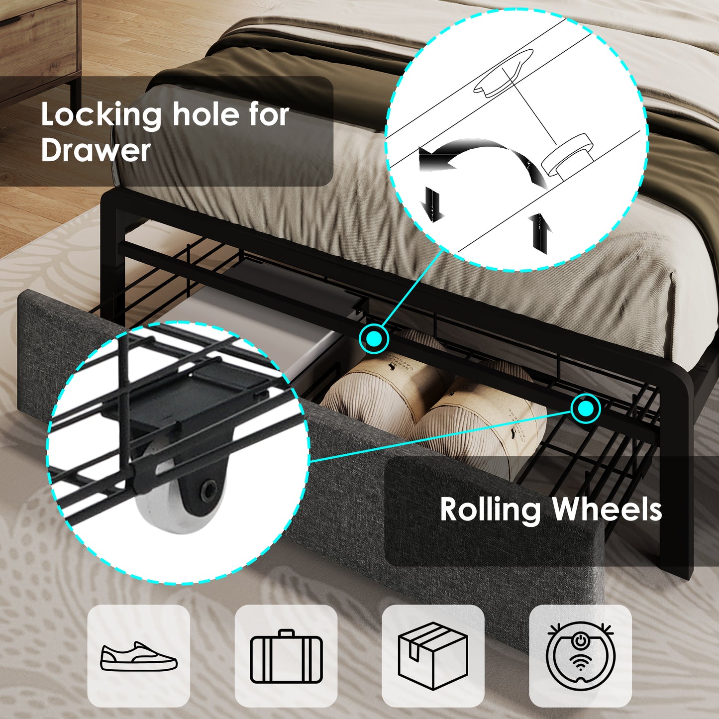 Upholstered Single Bed With LED Lighting, USB Type-C Charging Function, Storage Headboard And Drawers,  3ft Single Bed 90 X 190 Cm, Storage Bed Frame With Metal Slatted Frame,Linen, Grey