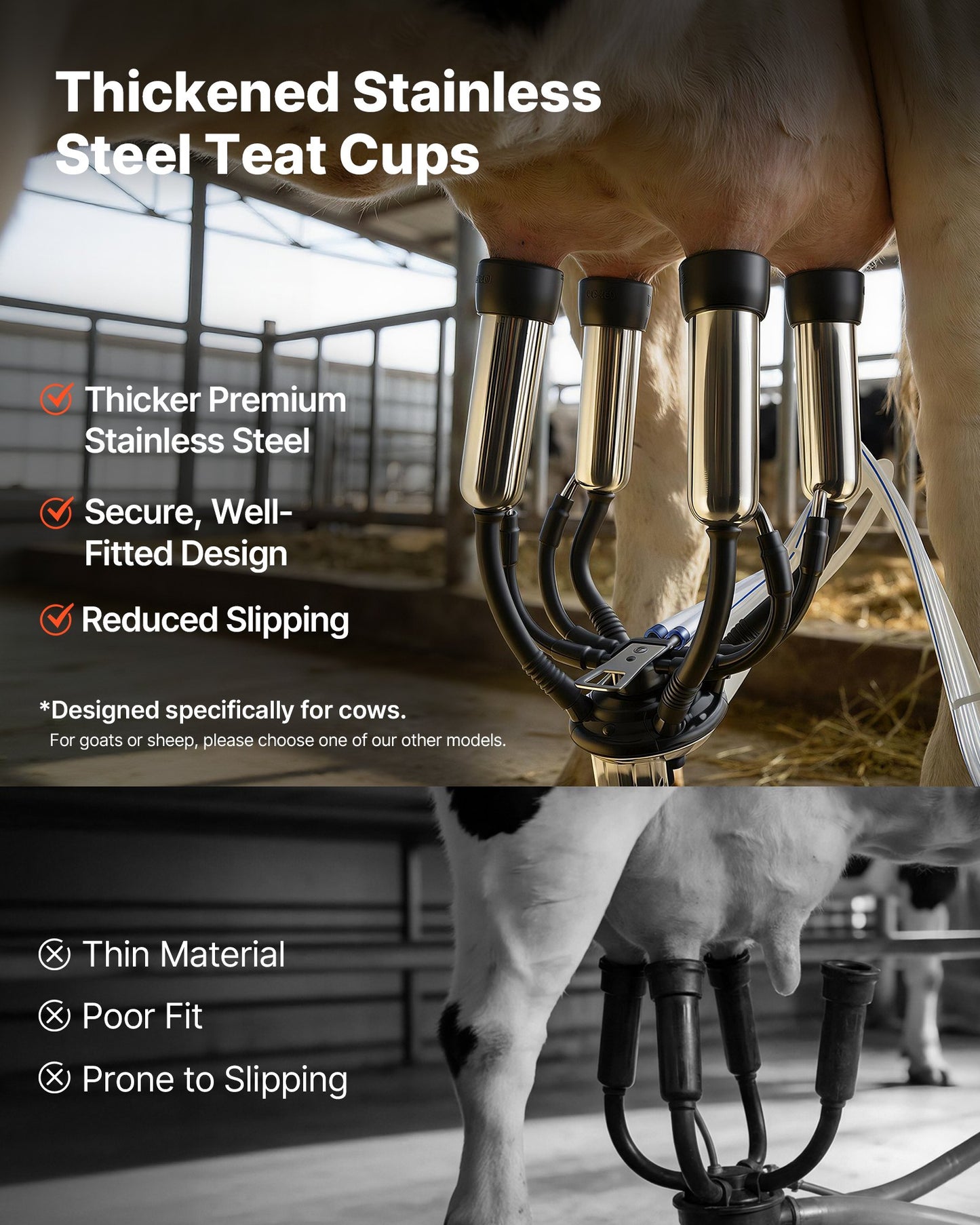 Electric Cow Milking Machine, 6.6 Gal / 25 L 304 Stainless Steel Bucket, Food-Grade Teat Cups And Silicone Hose, Strong Suction, Vacuum Pulsation, Electric Milker Machine With Wheels For Cow