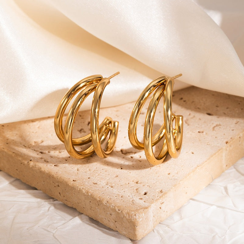 Non Tarnish Gold Stainless Steel Stud Earrings, Minimalist Niche Luxury High Fashion Titanium Steel Daily Women Ear Accessories