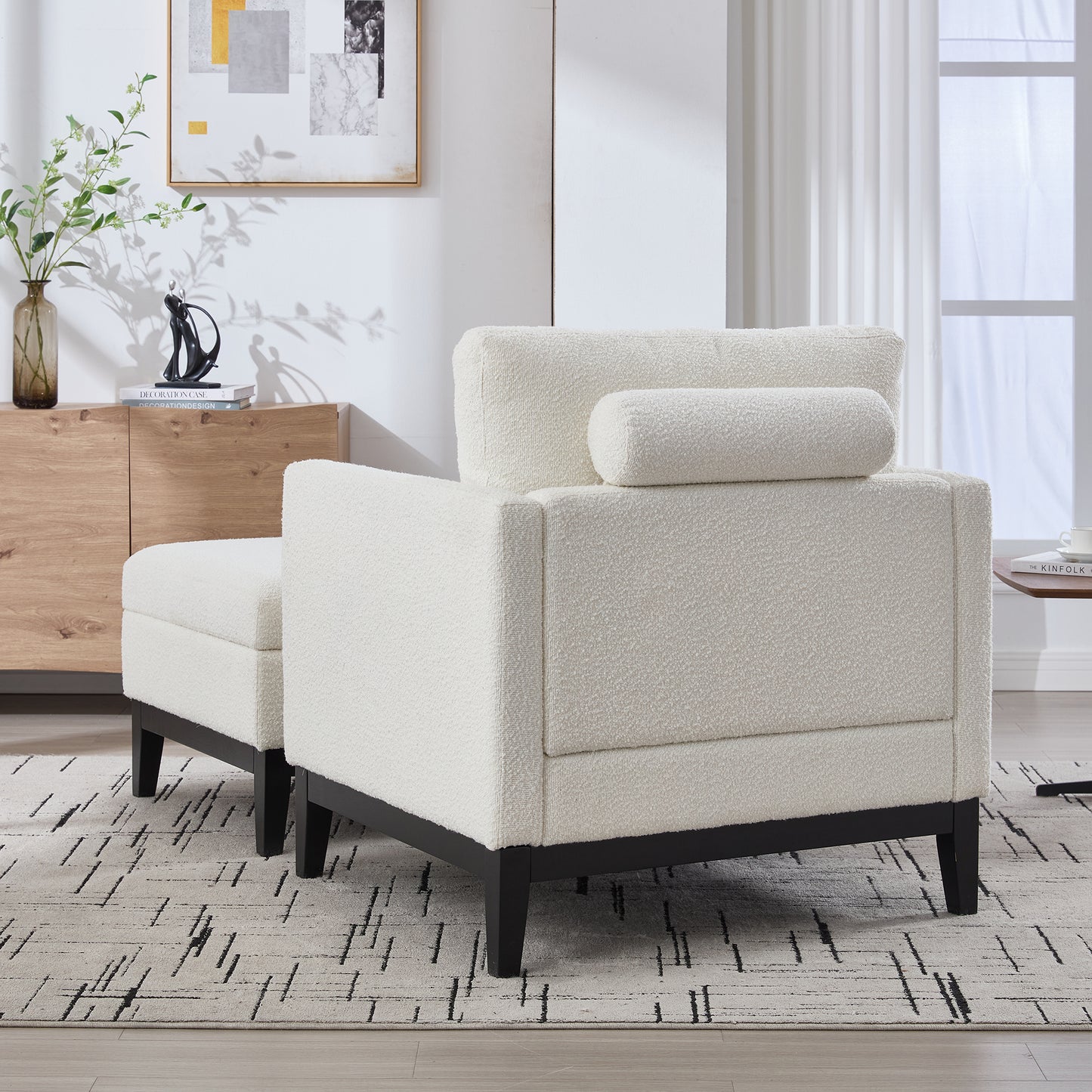 35.4  Wide Farmhouse Performance Upholstered Wood Base Square Accent Arm Chair With Ottoman Black Finish Legs With Reversible Lid Coffee Table For Living Room Office And Lounge, Ivory Boucle.