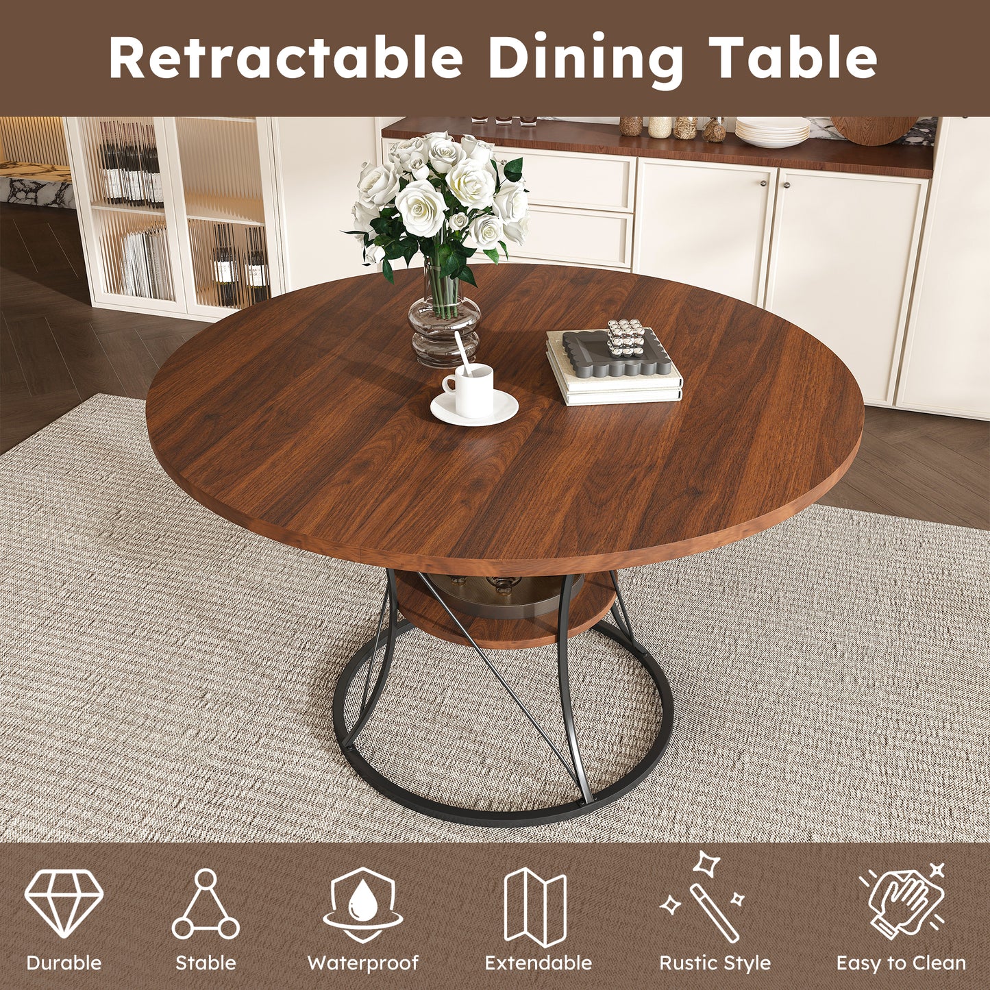 43 Inch Round Dining Table For 4-6  Expandable Farmhouse Kitchen Table With Storage Shelf & Metal Base  Brown & Black Extendable Wood Table From 43 To 59 Inch  Large Round Table For Home  No Chairs