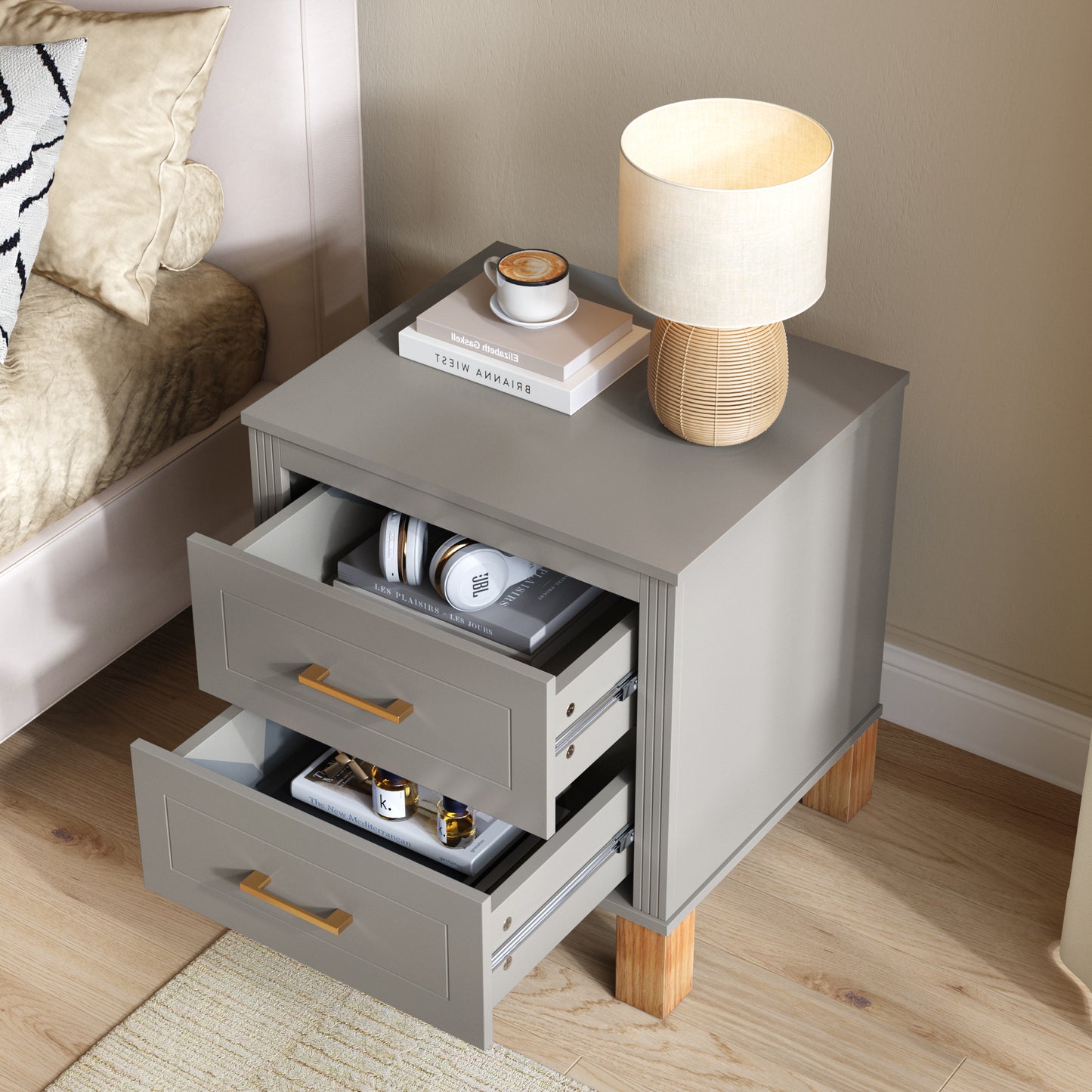 2 Drawer Nightstand, Premium Wood Storage With Elegant Fluted Design, Solid Wood Legs Nightstand With Metal Handle, Tall Bedside Table For Bedroom Living Room,Gray