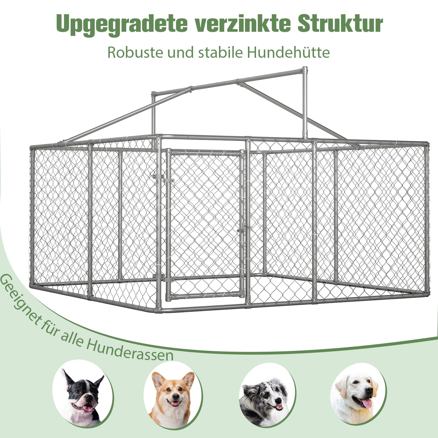 Outdoor Dog Kennel 230x230x117 Cm With Roof - Heavy Duty Identification Screen Made Of Galvanized Steel Tube With Lockable Safety Door - UV-Resistant & Waterproof Cover For Garden