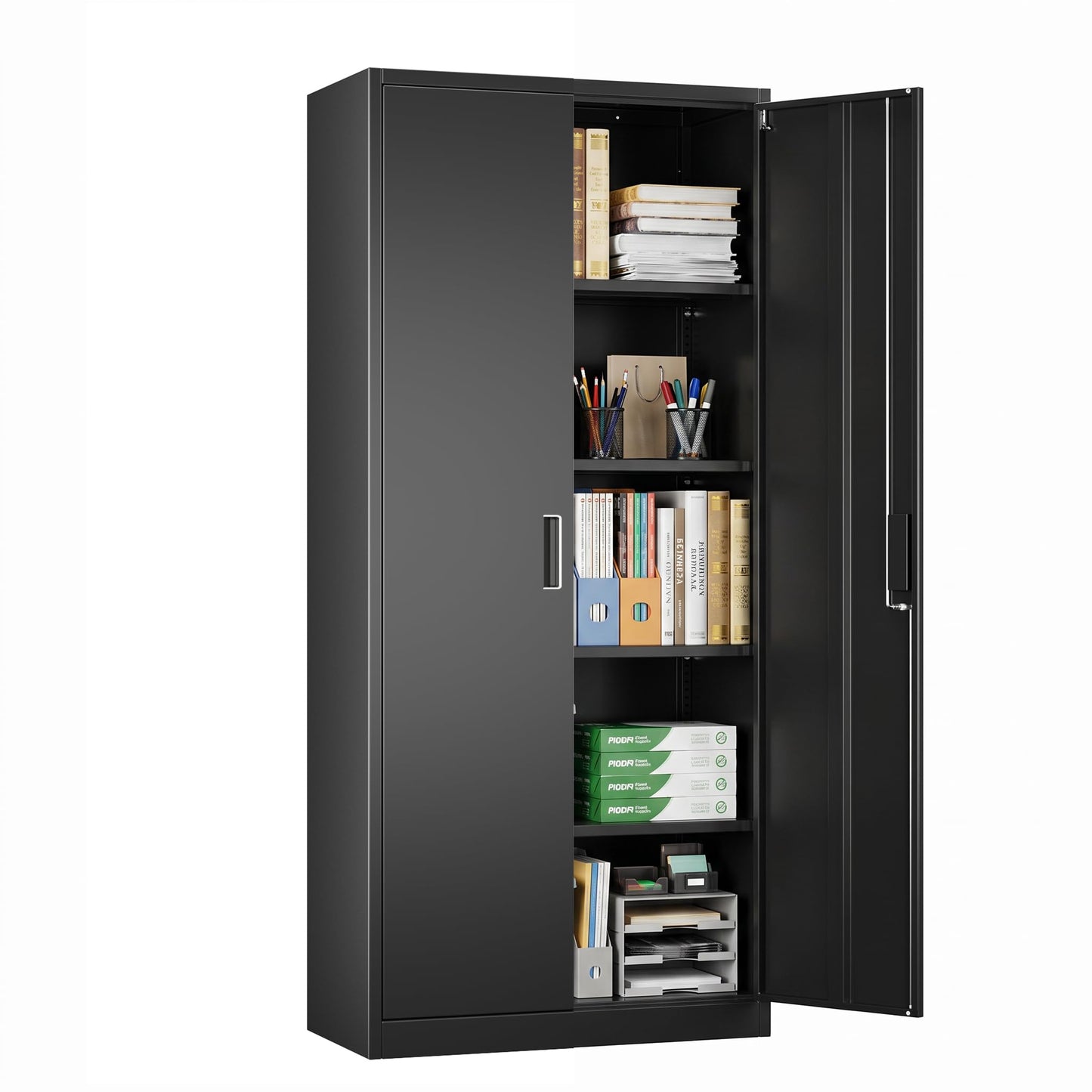 Metal Garage Storage Cabinet, Lockable Steel Storage Cabinet With 4 Adjustable Shelves For Garage, Office, Home, Assembly Required, Black