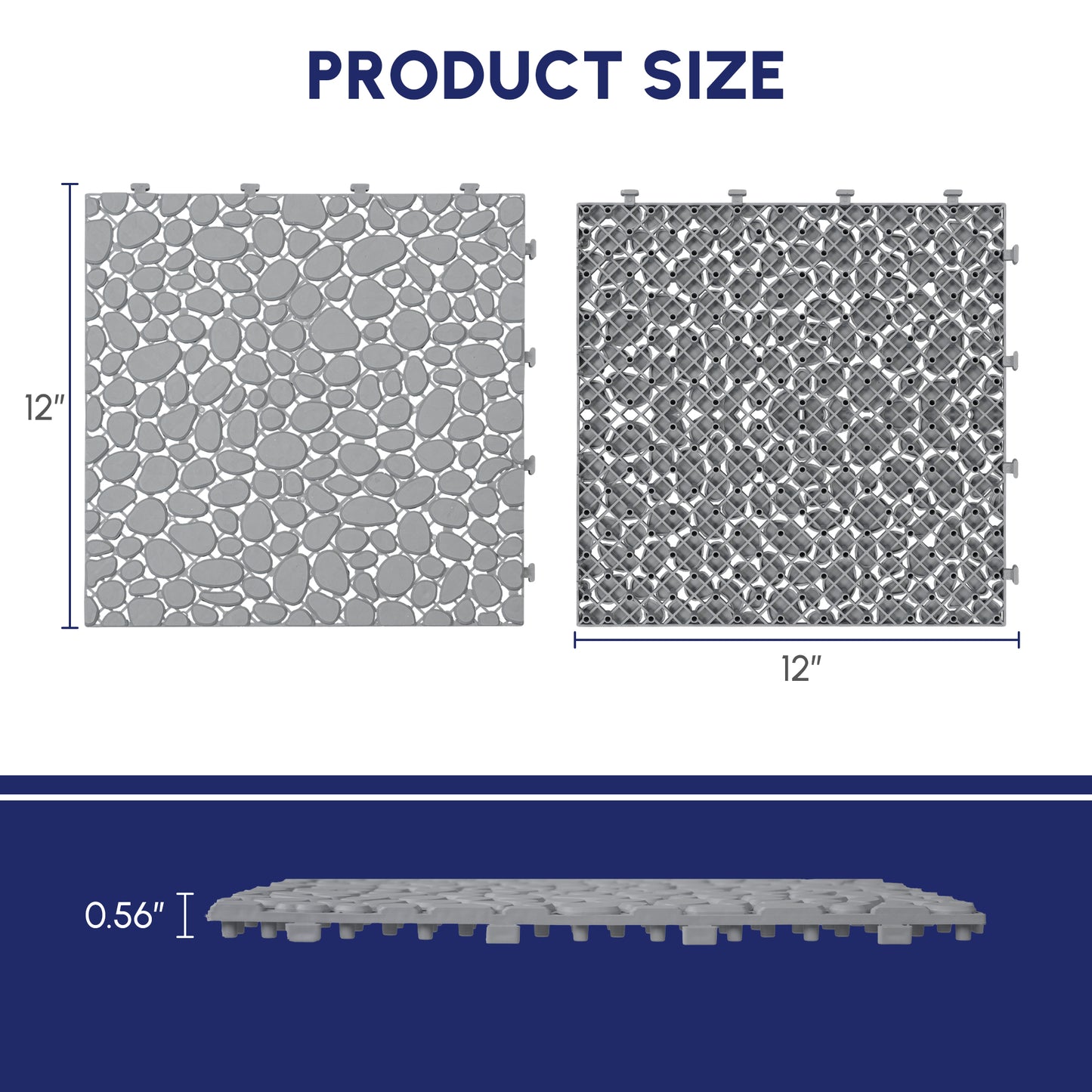 12 X 12 Inch Gray Interlocking Deck Tiles Plastic Waterproof Outdoor All Weather Anti-slip Bathroom Shower Balcony Porch Strong Weight Capacity Upto 440 LBS, Pebble Stone Pattern Pack Of 60