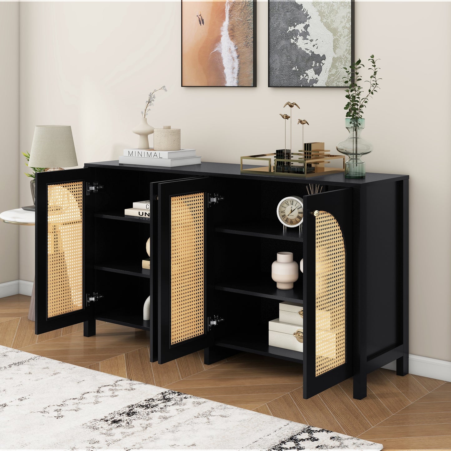 Modern Minimalist Style Sideboard 4 Rattan Door, Metal Handle Simple Buffet Cabinet For Dining Room, Living Room, Kitchen Black