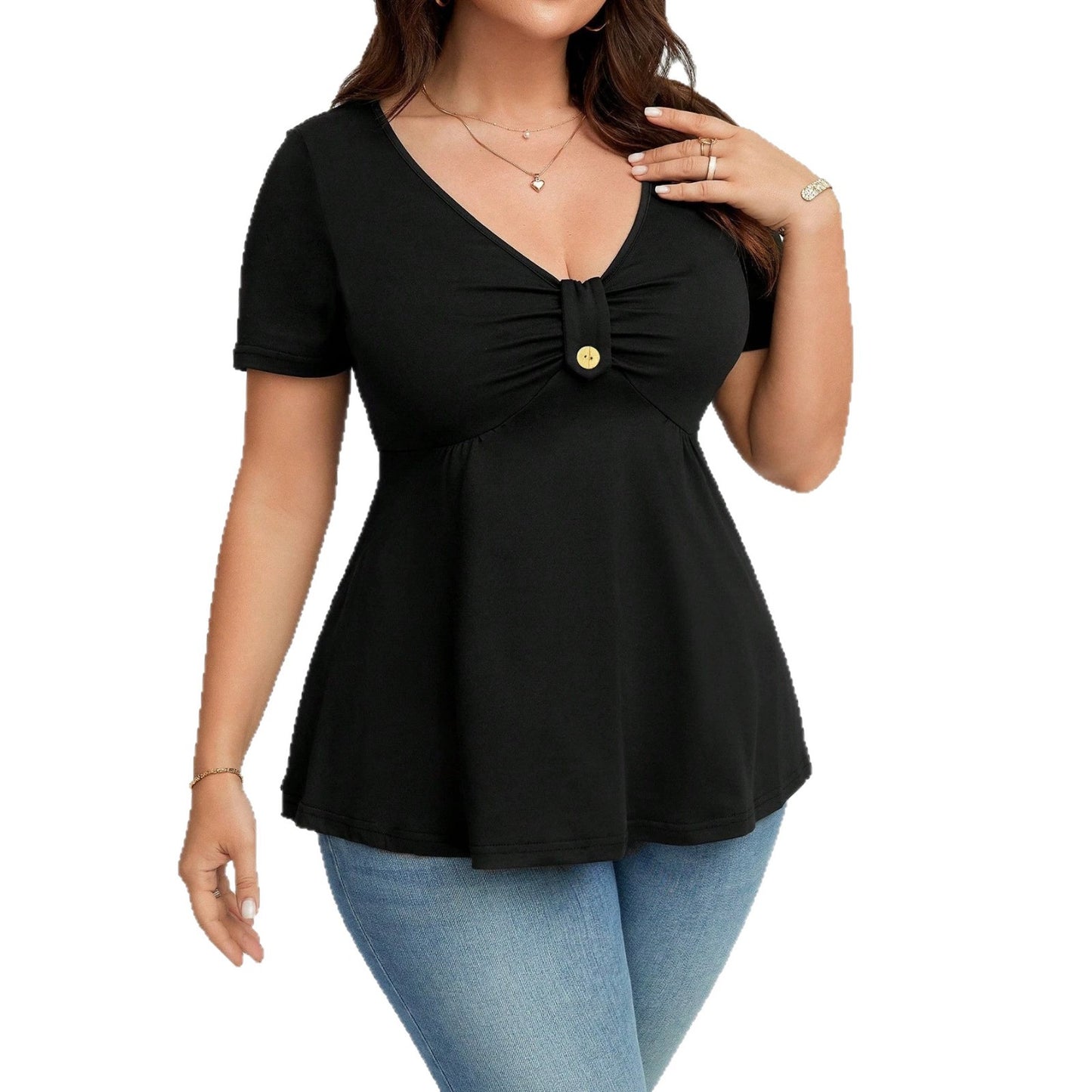 New Stylish And Elegant Solid-color V-neck Short-sleeve Top With A Buckle Detail