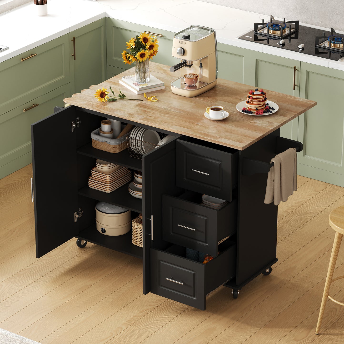 L137xW43 XH92cm Large Mobile Kitchen Table, Oak Countertop, Folding Design, Multifunctional Cabinet, 3 Drawers, Towel Rail, Suitable For Kitchen, Dining Room, Home
