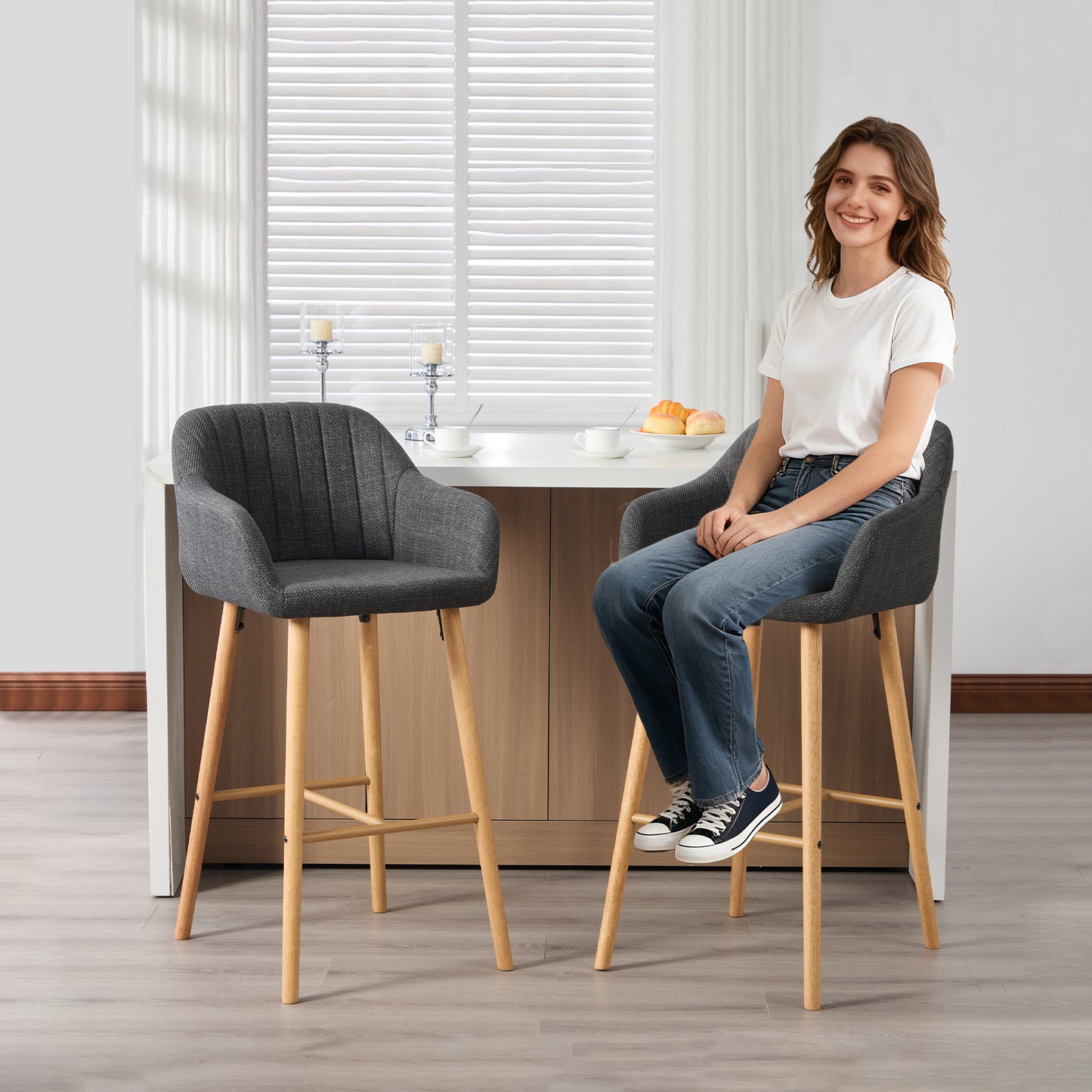 Modern European-style Bar Stools With High Backrest And Armrests, Linen-covered Seats And Wooden Legs. Suitable For Kitchens, Kitchen Islands. Set Of Two Bar Stools Black Linen