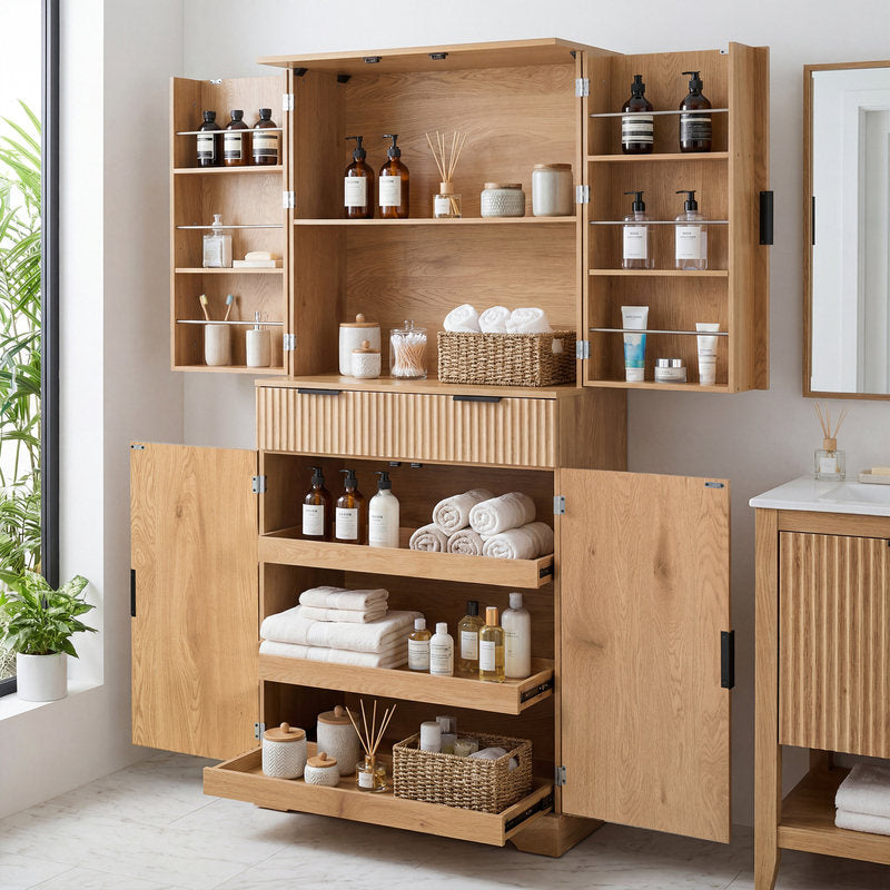 72in Fluted Kitchen Pantry Cabinet W 3 Keyboard Drawers & 6 Door Shelves Adjustable, Freestanding Cupboard Storage Cabinet For Bathroom Dining Room Office Entryway, Oak