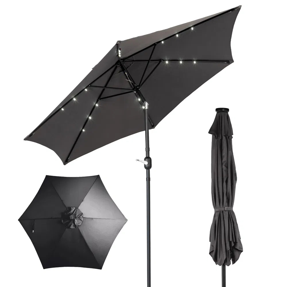 9ft Solar LED Patio Umbrella With Push Button Tilt & Crank, 6 Ribs Waterproof Polyester Outdoor Market Table Umbrella For Garden Backyard Pool, Gray