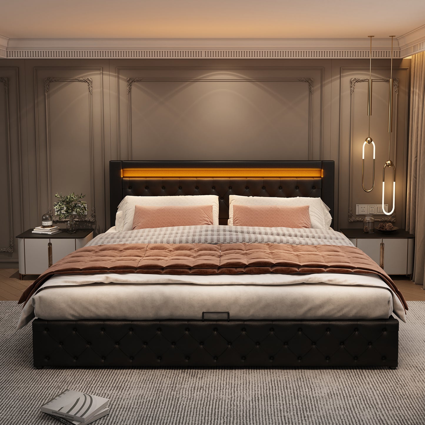 Upholstered Bed, Measuring 140 X 190 Cm, Fully Functional With A Slatted Base And Storage Space, Hydraulic Storage, LED Lighting, Black, PU Material.