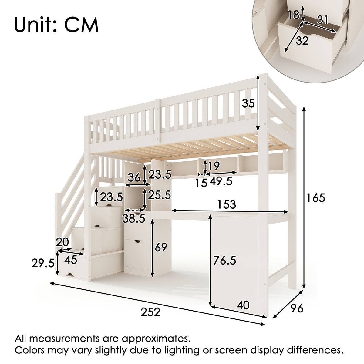 AB403889012W Loft Bed For Children 90x200 Cm White With Stair Cupboard And Corner Desk Under The Bed, Storage Space And Drawers, Space-saving Wooden Bed For Children And Teenagers, Without Mattress