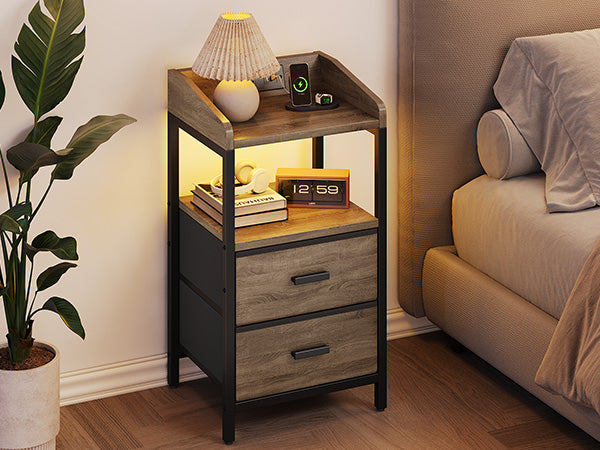 Nightstand With Charging Station Modern Bedside End Side Table With Guardrail Storage Shelf 2 Fabric Drawers USB Ports AC Outlets
