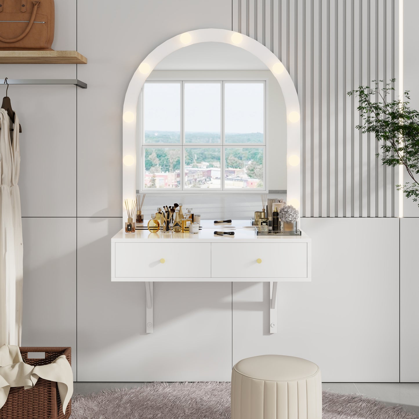 Floating Makeup Vanity Desk With Mirror & 3-Color Lights, Wall Dressing Table With Power Outlet, Compact Vanity, Large Storage, White