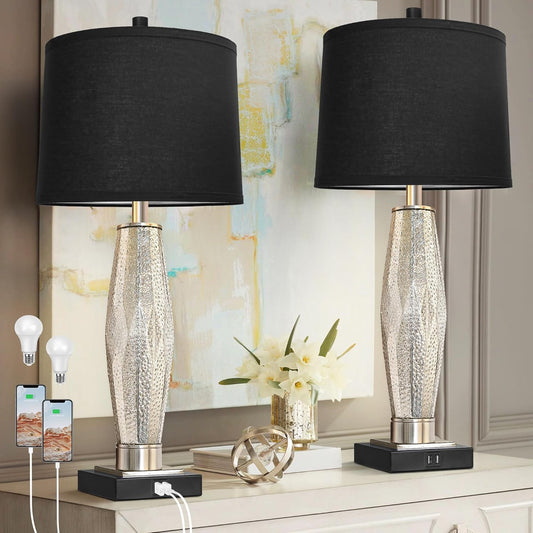 Table Lamps Set Of 2, Bedroom Lamp With USB A C Charging Ports, Modern Glass Beside Lamps For Living Room Rotary Switches, Black Nightstand Lamp Home Lights Decor  LED Bulbs Included