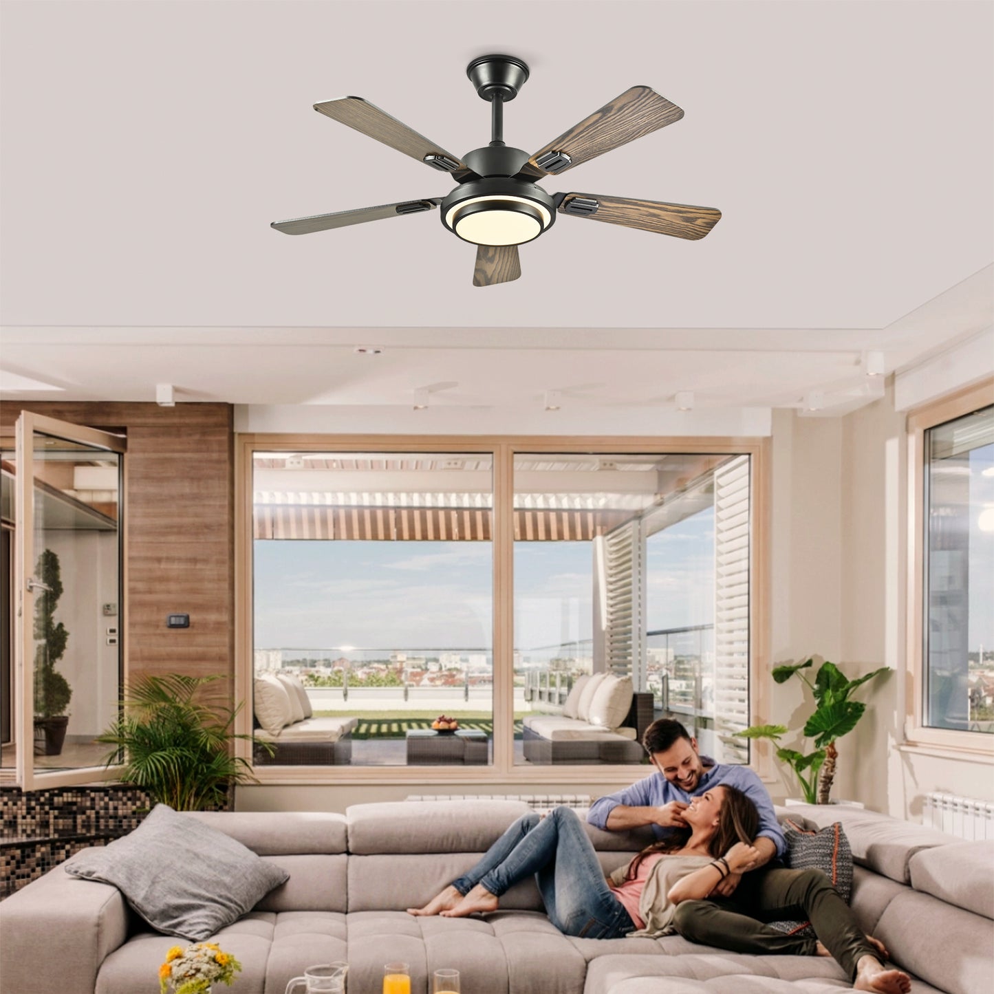 42  5PCS  Plywood Blades Ceiling Fan With LED  Light 3000-6500K Dimmable,Quiet DC Motor  Ceiling Fans 6 Speed Levels,Reversible Ceiling Fan,for Patio Living Room, Bedroom, Office,Indoor. Matte Black