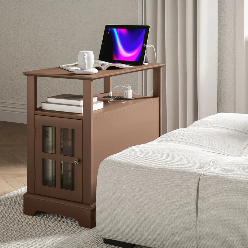 Narrow Side Table End Table With Charging Station, USB Ports, Modern End Table With Storage For Living Room, Brown