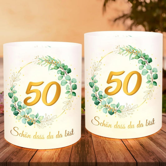 12-Piece Set Of Table Lanterns For Golden Wedding Anniversary, 50th Anniversary, Husband And Wife Table Decor, Green Eucalyptus, “So Glad You’re Here” Gold Wedding Anniversary Party Decor For Candles