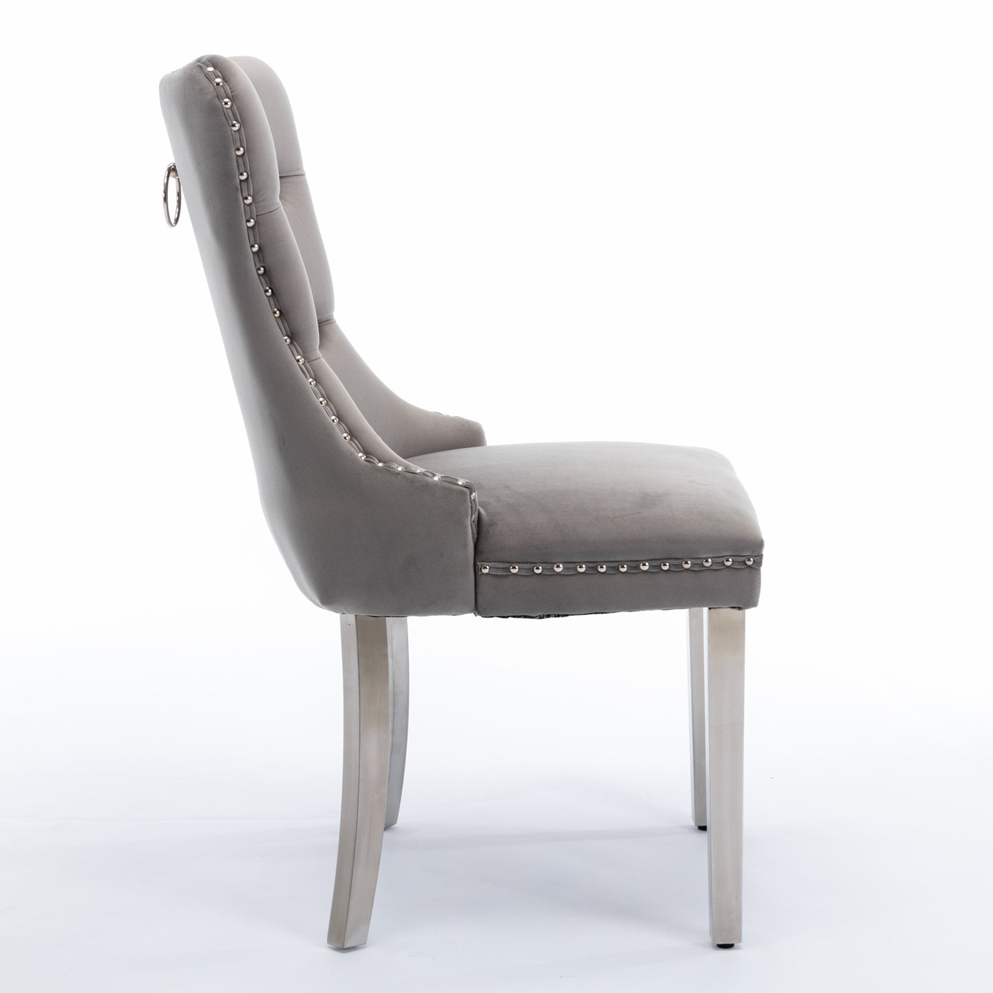 A&A Furniture,Nikki Collection Modern, High-end Tufted Solid Wood Contemporary Velvet Upholstered Dining Chair With Chrome Stainless Steel Plating Legs,Nailhead Trim,Set Of 2,Gray And Chrome,DE1701GY